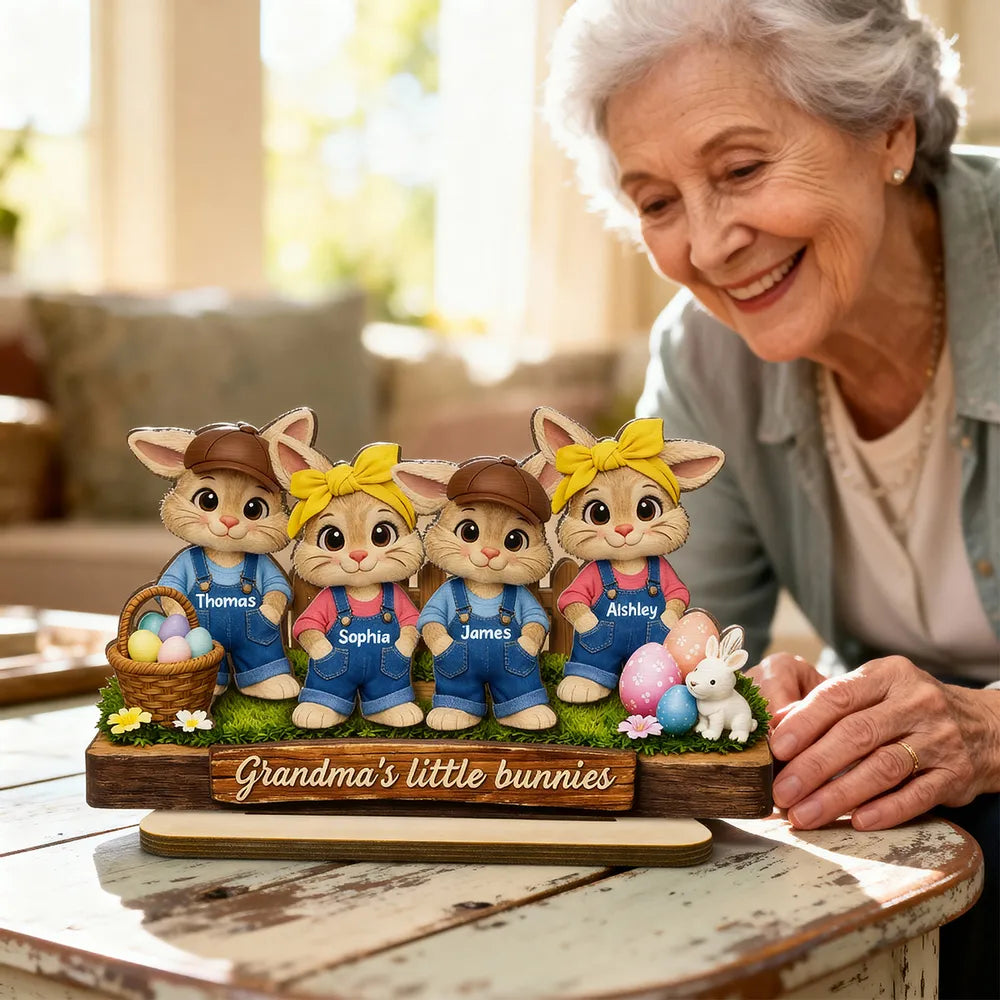 Personalized 2-Layer Wooden Plaque with Grandma's Little Bunnies, Easter Basket Scene, Unique Gift for Grandma