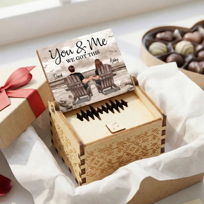 Personalized Wooden Music Box with Beach Couple Sitting in Chairs, You & Me Quote, Unique Romantic Gift for Couple