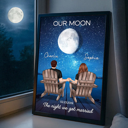 Personalized Moon Poster, Couple Holding Hands by the Ocean at Night, Unique Romantic Gift for Her or Him