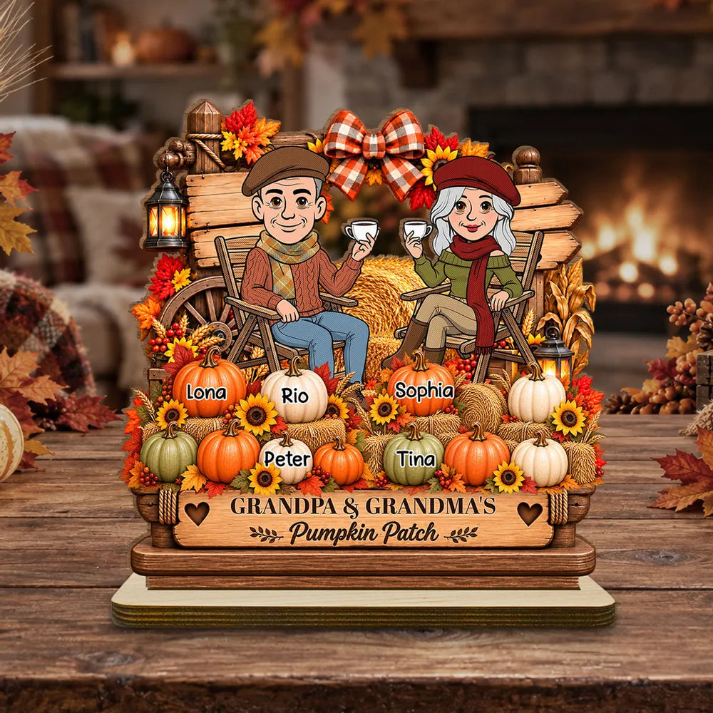 Personalized 2-Layer Wooden Plaque, Grandparents Sharing Coffee in an Autumn Pumpkin Patch, Unique Family Gift