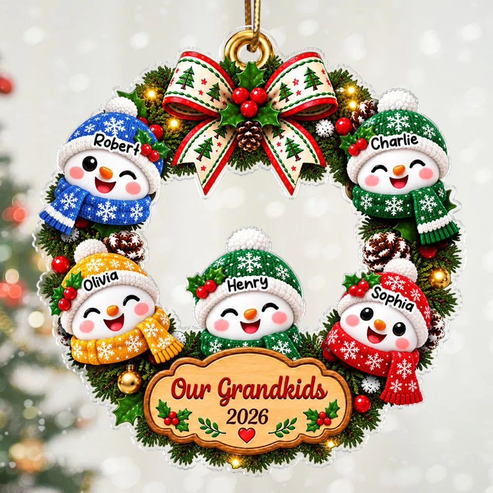 Personalized Acrylic Ornament with Cute Snowman Grandkids Wreath, Unique Christmas Gift for Grandparents