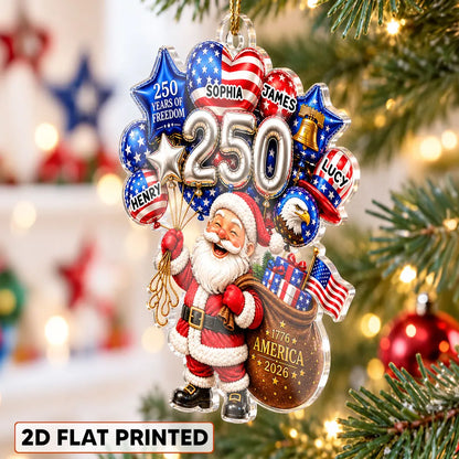 Personalized Acrylic Ornament, Santa Holding Patriotic Balloons on a Tree, Unique Christmas Gift for Family