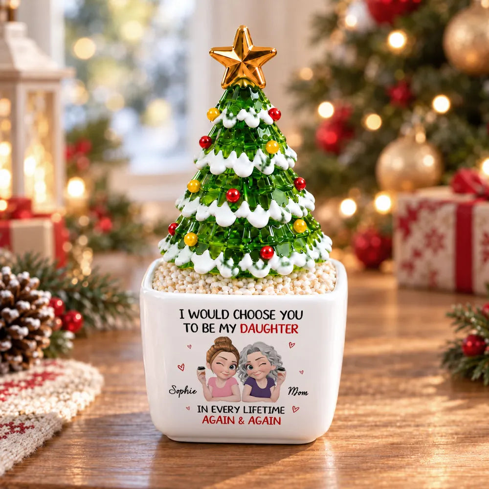 Personalized Square Glass Planter, Christmas Tree, Mother and Daughter Sharing Drinks, Unique Gift for Daughter