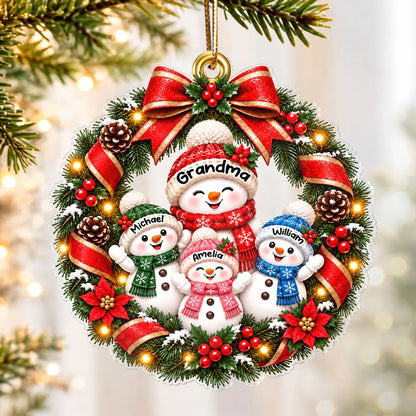 Grandma's Family Love Acrylic Ornament, Personalized Waving Snowman Wreath Keepsake, Creative Christmas Gift