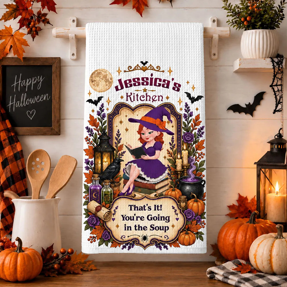 You're Going in the Soup Personalized Kitchen Towel, Whimsical Witch Art, Creative Halloween Gift for Friends