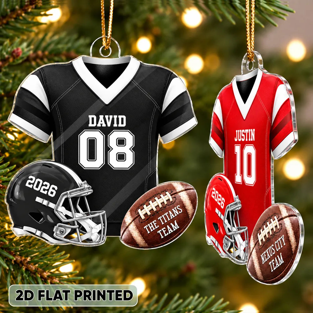 Personalized Acrylic Ornament, Green Football Jersey and Helmet, Unique Christmas Gift for Football Fans