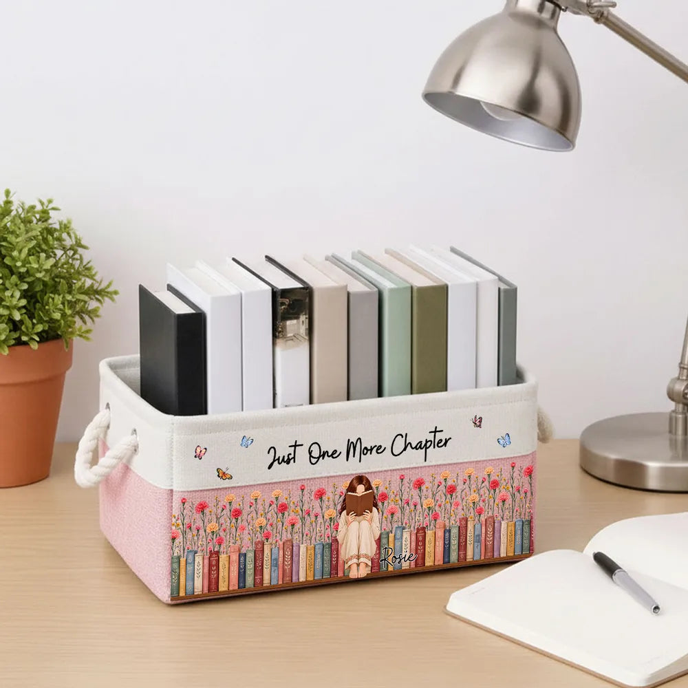 Personalized Cotton Linen Rope Basket, Girl Reading in a Flower Garden, Unique Gift for Book Lovers