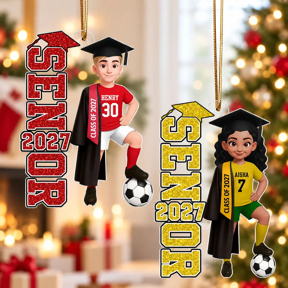 Personalized Soccer Acrylic Ornament, Graduate Posing with Ball by a Lit Tree, Unique Gift for Son or Daughter