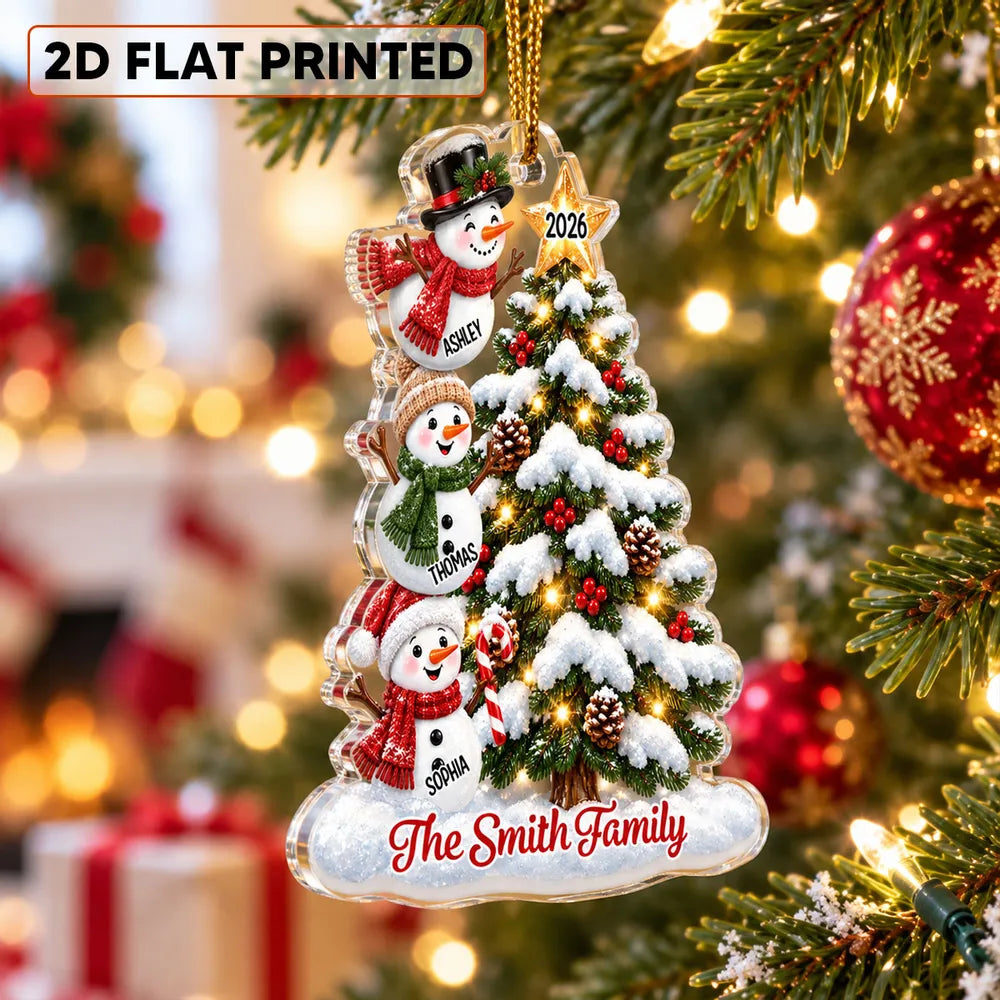 Personalized Acrylic Ornament, Waving Snowman Family by a Snowy Christmas Tree, Unique Gift for Grandkids