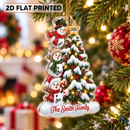 Personalized Acrylic Ornament, Waving Snowman Family by a Snowy Christmas Tree, Unique Gift for Grandkids