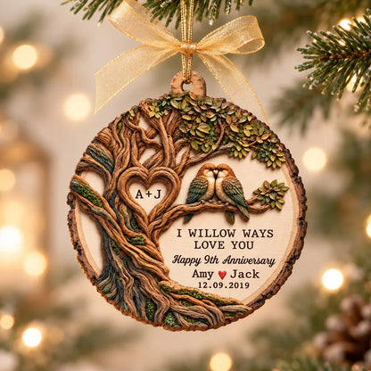 Personalized Wooden Ornament with Willow Tree and Paired Birds, Unique Anniversary Gift for Couples