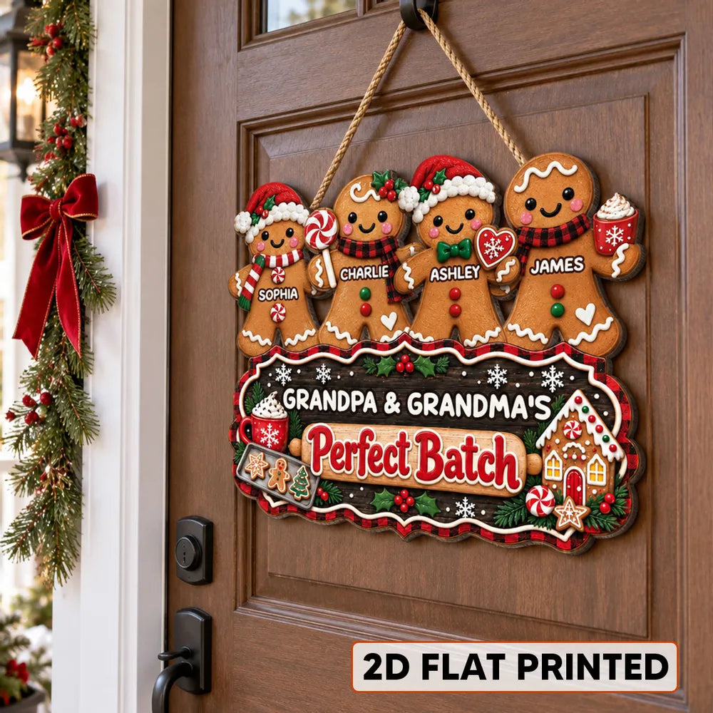 Personalized Wooden Sign with Gingerbread Family Standing Together, Christmas Decor, Unique Gift for Grandparents