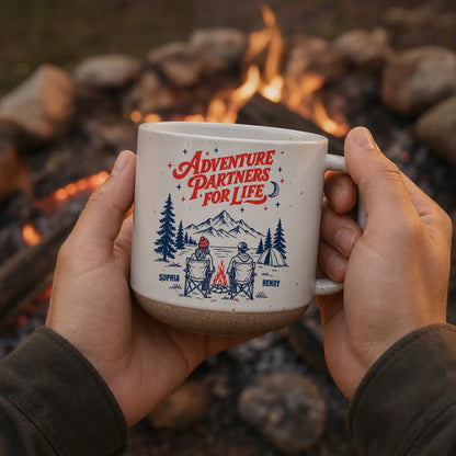 Adventure Partners for Life Personalized Pottery Mug, Mountain Camping Scene, Creative Gift for Your Partner