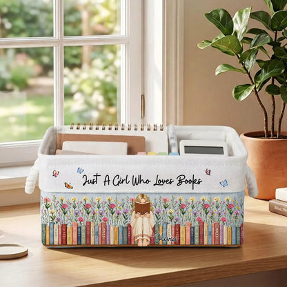 Personalized Cotton Linen Rope Basket, Girl Reading in a Flower Garden, Unique Gift for Book Lovers