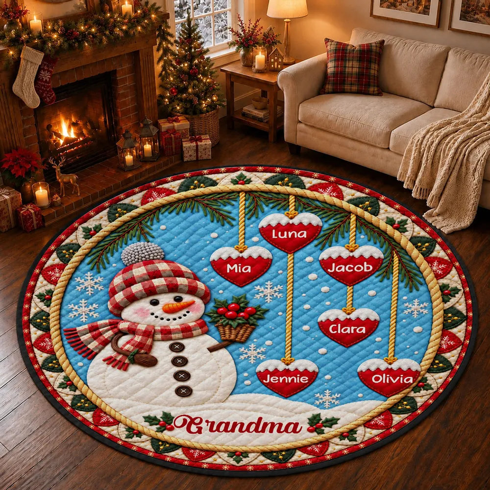 Personalized Christmas Snowman Round Quilted Mat, Red and Blue Snowy Scene, Unique Gift for Grandma