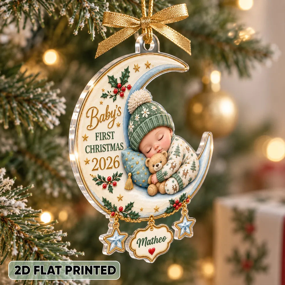 Personalized Acrylic Ornament, Sleeping Baby on Crescent Moon, Unique First Christmas Gift for New Parents