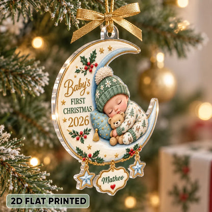 Personalized Acrylic Ornament, Sleeping Baby on Crescent Moon, Unique First Christmas Gift for New Parents