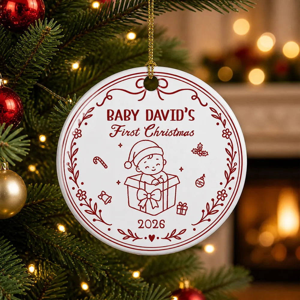 Personalized First Christmas Ceramic Ornament, Sleeping Baby in Stocking on Tree, Unique Gift for New Parents