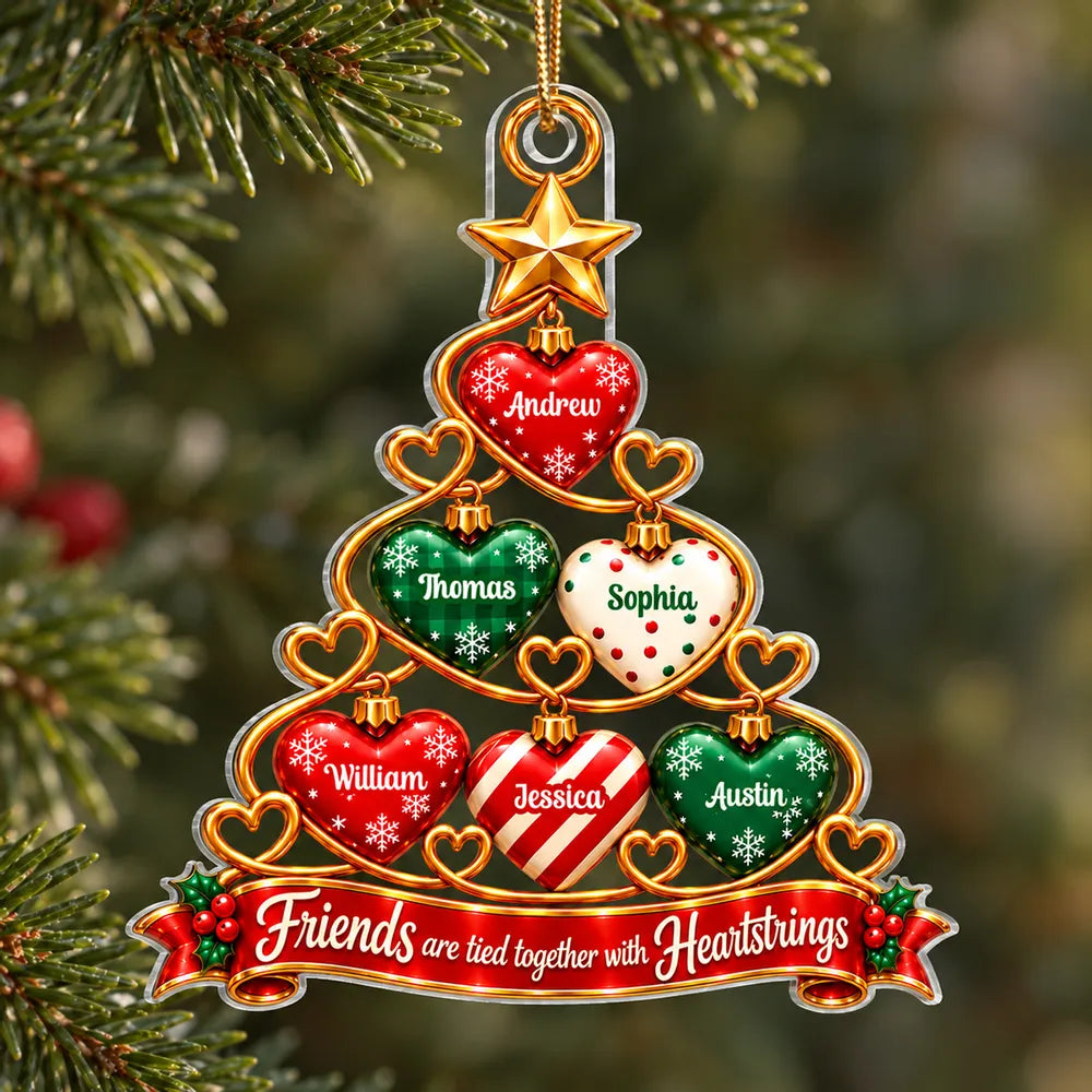 Personalized Acrylic Ornament, Red and Green Heart Tree Design, Unique Christmas Gift for Best Friends