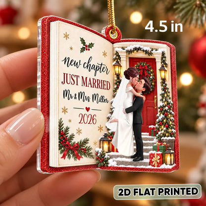 Personalized Acrylic Ornament, Kissing Newlyweds at a Snowy Door, Unique Christmas Gift for a Couple