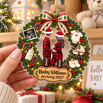 Personalized Acrylic Ornament, Embracing Expecting Couple in Christmas Wreath, Unique Gift for Parents to Be