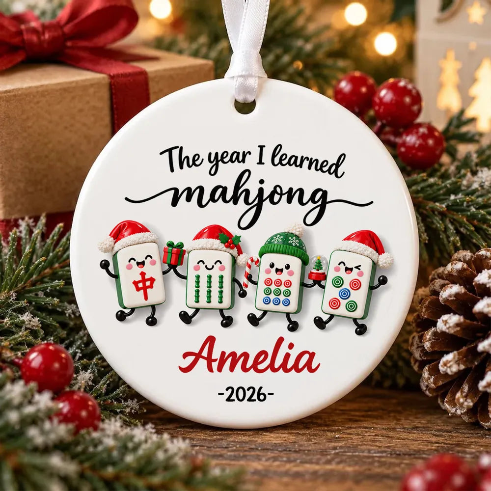 Personalized Ceramic Ornament, Bright Cartoon Mahjong Tiles Waving by a Christmas Tree, Unique Gift for Players