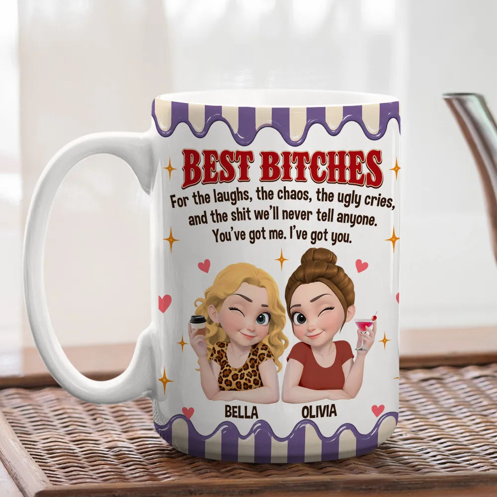 Personalized Ceramic Mug, Winking Friends Holding Drinks, Pink Cartoon Design, Unique Gift for Close Friends
