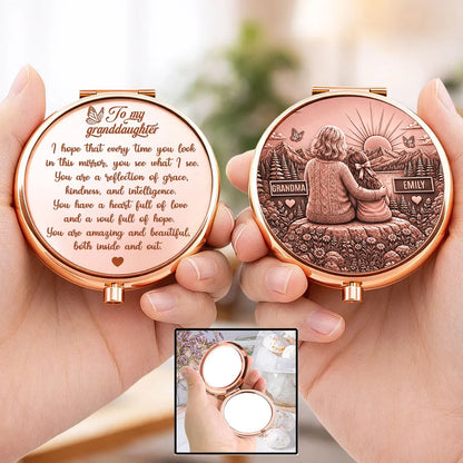 Personalized Metal Compact Mirror, Grandma Hugging Granddaughter at Sunset, Unique Gift for Granddaughter