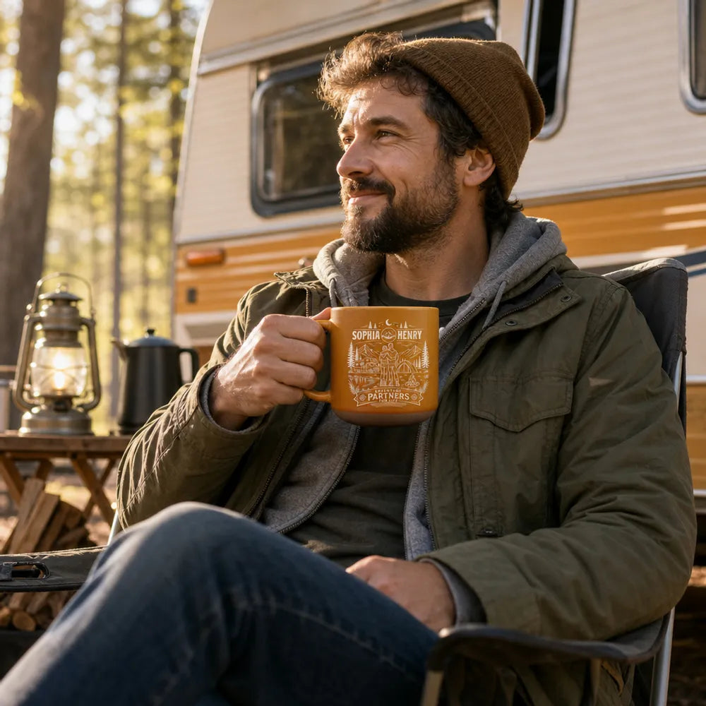 Personalized Pottery Mug, Embracing Couple at a Mountain Campsite, Unique Gift for Adventure Partners