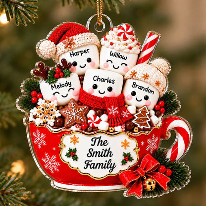 Personalized Acrylic Ornament, Cute Hot Cocoa Marshmallow Family, Unique Holiday Gift for Families