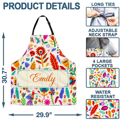 Personalized 4-Pocket Apron with Vibrant Folk Florals, Baking Together, Unique Gift for Mom