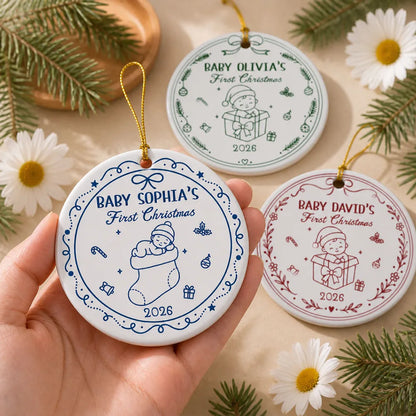 Personalized First Christmas Ceramic Ornament, Sleeping Baby in Stocking on Tree, Unique Gift for New Parents