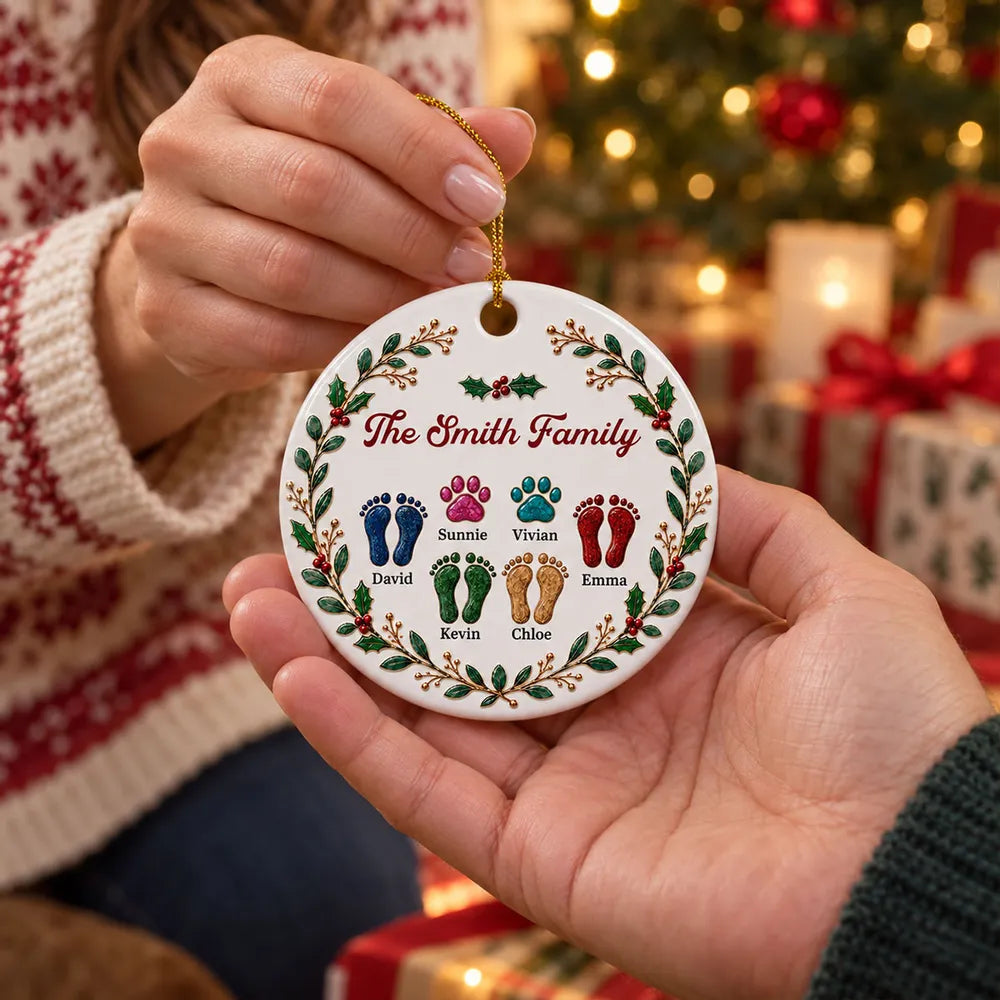 Personalized Ceramic Ornament with Family and Pet Footprints, Holly Wreath, Unique Christmas Gift for Family