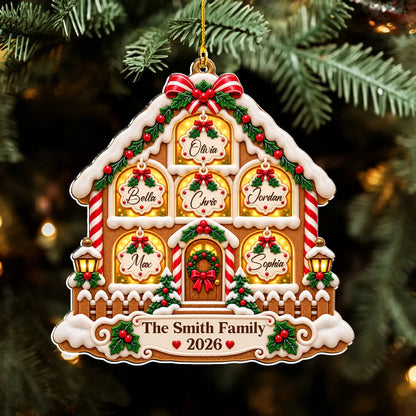 Personalized Acrylic Ornament, Gingerbread Family House on a Lit Christmas Tree, Unique Gift for Families