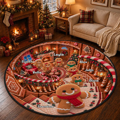 Round Quilted Mat, Personalized Gingerbread Family by Fireplace, Heartwarming Creative Gift for Family