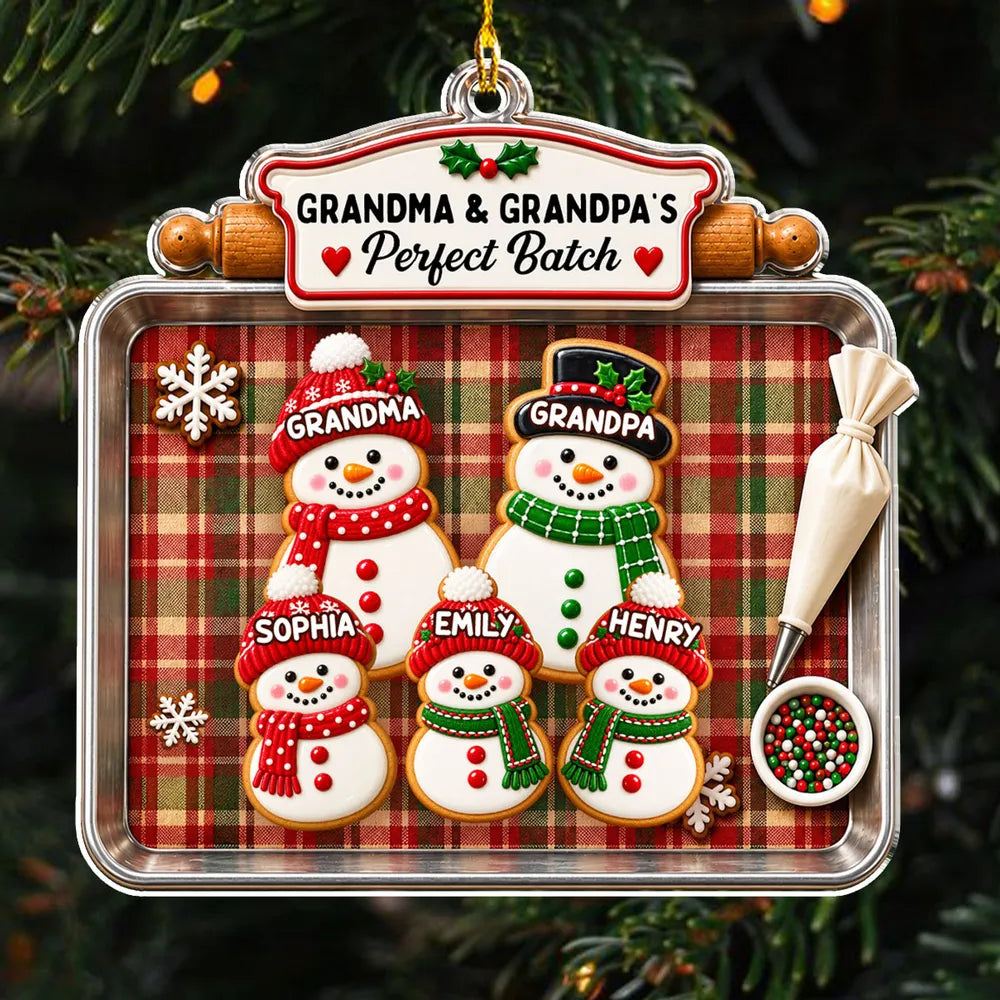 Personalized Acrylic Ornament, Snowman Cookie Family on Plaid Baking Tray, Unique Christmas Gift for Grandparents