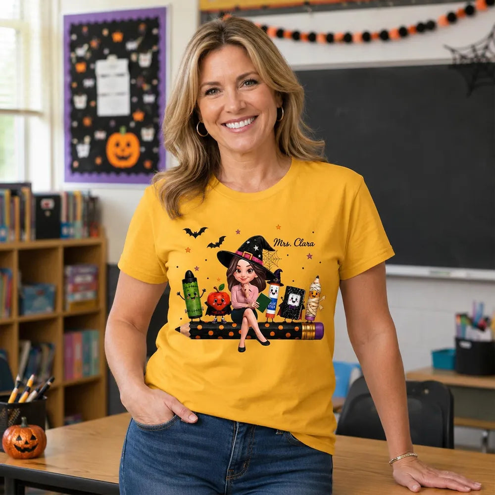 Personalized Halloween Teacher Classic Tee, Cute Classroom Characters, Creative Gift for a Teacher