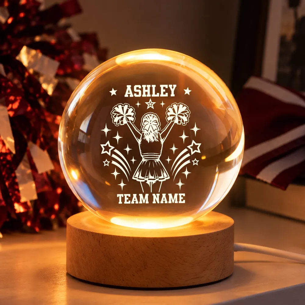 Personalized Globe Lamp with Cheerleader Raising Pom-Poms and Stars, Creative Gift for Daughter