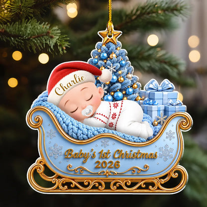 Personalized Baby's First Christmas Ornament, Sleeping Baby in Blue Sleigh, Unique Gift for New Parents