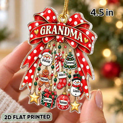 Personalized Acrylic Ornament with Red Bow and Festive Charms, Unique Christmas Gift for Grandma