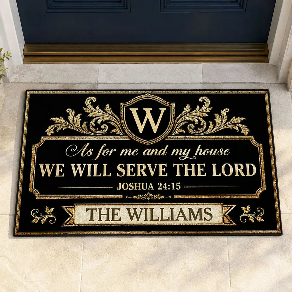 Personalized Standard Doormat, We Will Serve the Lord Verse, Creative Faith Gift for Family and Housewarming