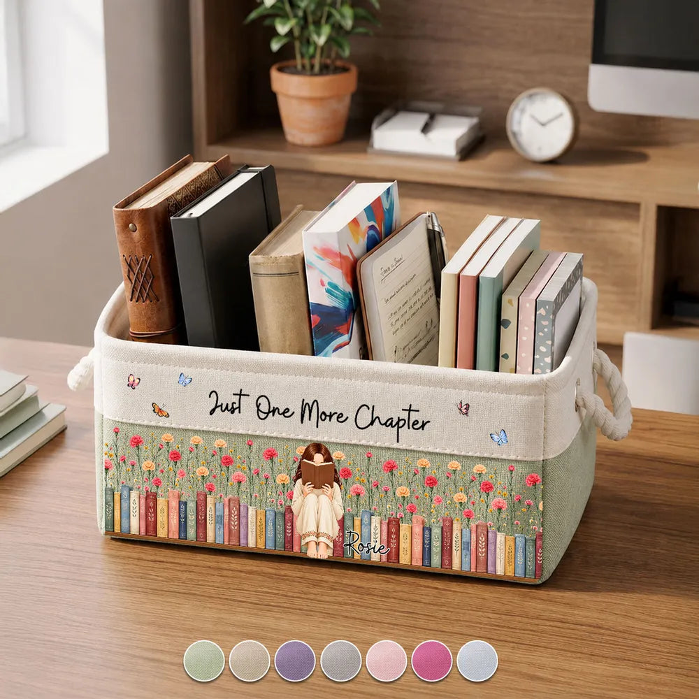 Personalized Cotton Linen Rope Basket, Girl Reading in a Flower Garden, Unique Gift for Book Lovers