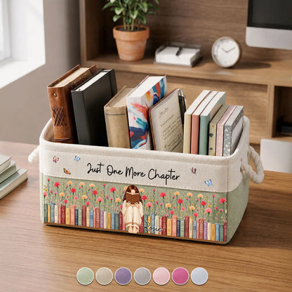 Personalized Cotton Linen Rope Basket, Girl Reading in a Flower Garden, Unique Gift for Book Lovers