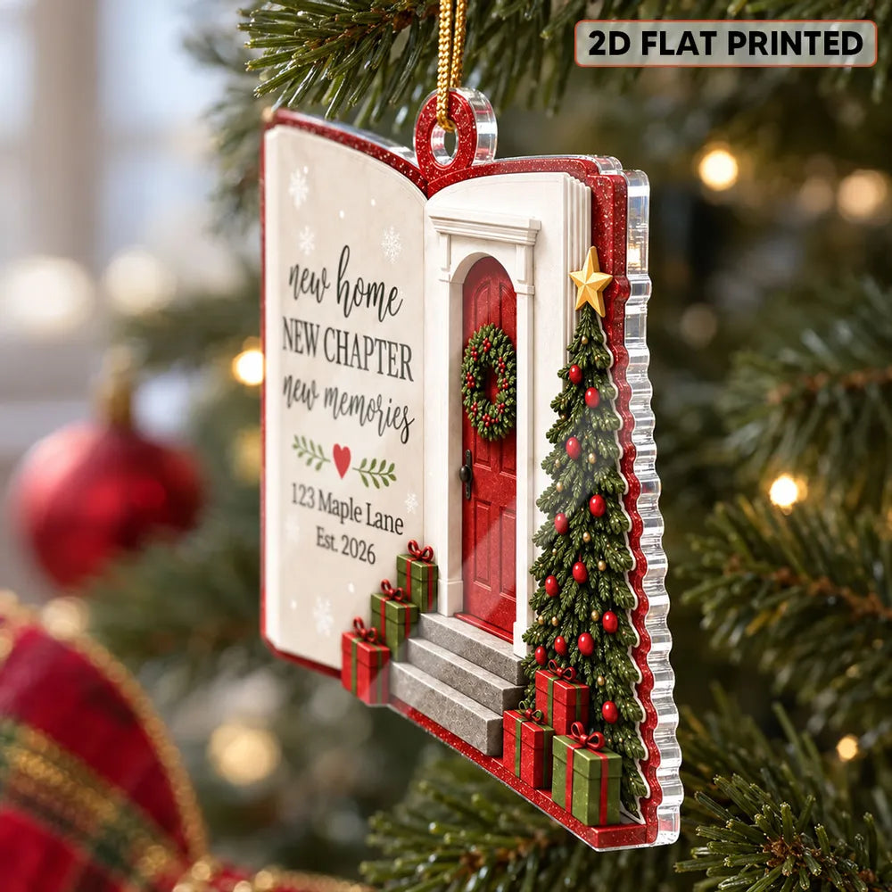 Personalized Acrylic Ornament, Red Door and Christmas Tree New Home Scene, Unique Housewarming Gift for Family