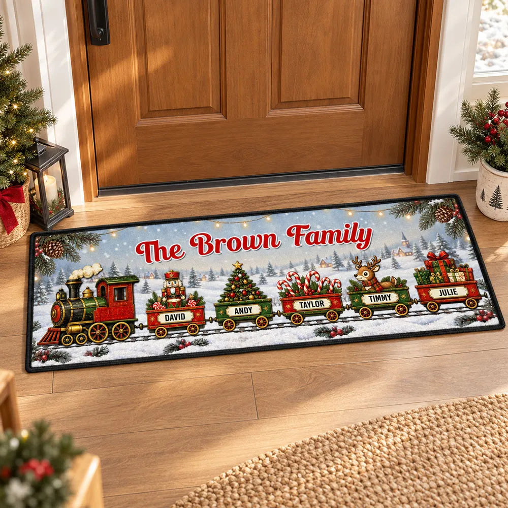 Personalized Premium Doormat with Family Holiday Train and Snowy Village, Unique Christmas Gift for Family
