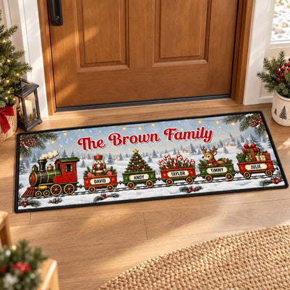 Personalized Premium Doormat with Family Holiday Train and Snowy Village, Unique Christmas Gift for Family