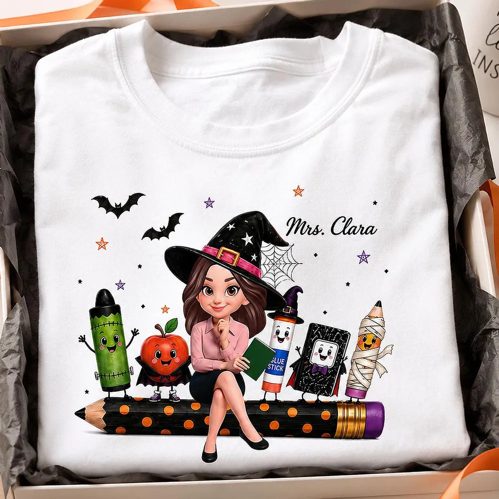 Personalized Halloween Teacher Classic Tee, Cute Classroom Characters, Creative Gift for a Teacher