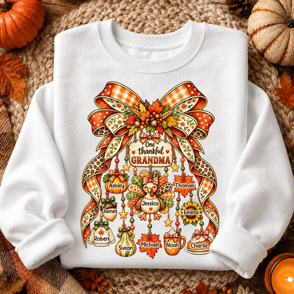 Personalized Thankful Grandma Classic Tee, Autumn Bow and Turkey Design, Unique Thanksgiving Gift for Grandma