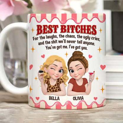 Personalized Ceramic Mug, Winking Friends Holding Drinks, Pink Cartoon Design, Unique Gift for Close Friends