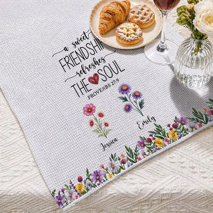 Personalized Kitchen Towel with Watercolor Flowers and Friendship Quote, Unique Gift for Kitchen Decor and a Close Friend